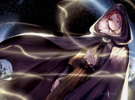HD PC desktop wallpaper featuring Melina from the video game Elden Ring, depicted with a hooded cloak and mystical glowing light effects in a cosmic background.