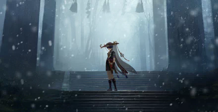 HD desktop wallpaper featuring Scaramouche from the video game Genshin Impact, standing on steps in a misty, snow-dusted forest.
