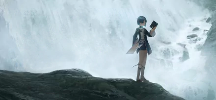 HD PC desktop wallpaper featuring Xingqiu from the video game Genshin Impact, standing on a rocky ledge with a cascading waterfall in the background.
