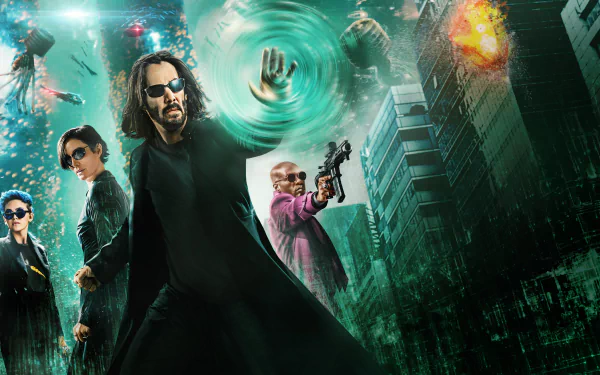Yahya Abdul-Mateen II Keanu Reeves Carrie-Anne Moss Morpheus (The Matrix) Neo (The Matrix) Trinity (The Matrix) movie The Matrix Resurrections HD Desktop Wallpaper | Background Image