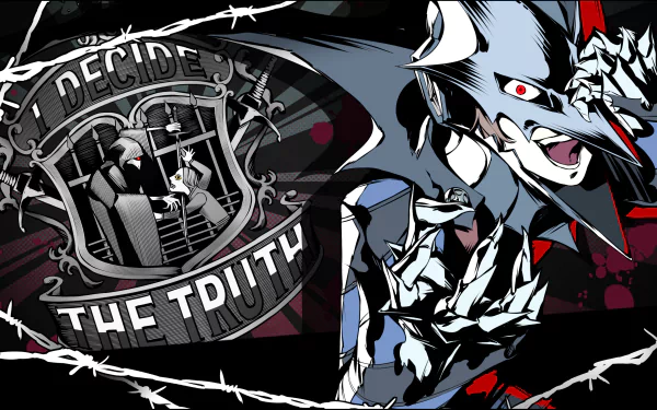 HD PC desktop wallpaper featuring Goro Akechi from the video game Persona 5 Royal with dynamic, stylized art and the phrase Decide the Truth in bold graphics.