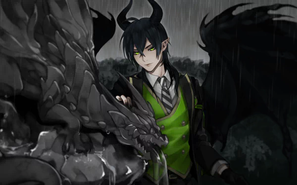 HD desktop wallpaper featuring Malleus Draconia from the video game Twisted Wonderland, showcasing dark fantasy elements with a dragon and moody atmosphere.