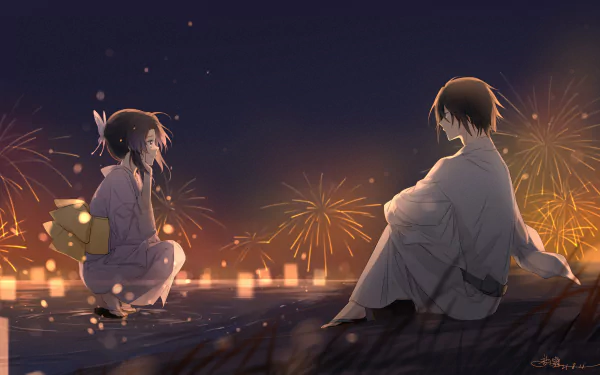 Giyuu Tomioka and Shinobu Kochou from Demon Slayer: Kimetsu no Yaiba sit together watching fireworks at night in a 4K Ultra HD anime wallpaper.