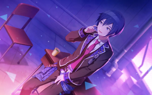 HD PC wallpaper of Kaito (Vocaloid) from the video game Project Sekai: Colorful Stage! feat. Hatsune Miku — blue-haired singer in a school-style jacket holding a mic in a purple-lit room.