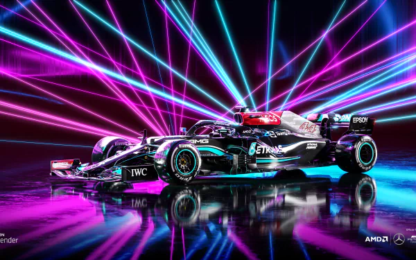 4K Ultra HD PC desktop wallpaper: neon-lit F1 race car on a reflective floor with vivid magenta and cyan laser beams streaking behind.