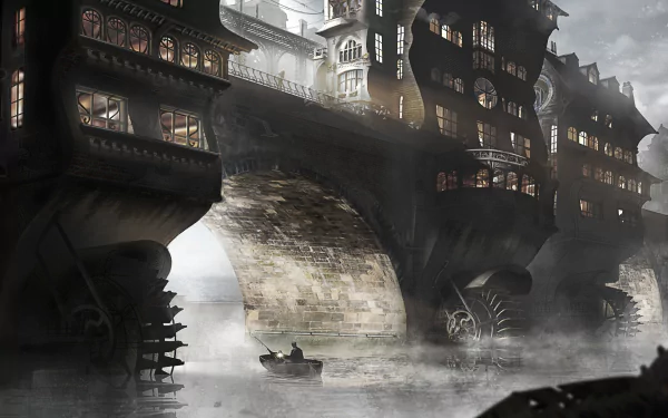 HD PC desktop wallpaper and background from the video game Syberia: The World Before — misty river under giant gear-lined stone bridges, lantern-lit buildings and a lone rowboat.