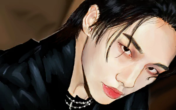 4K Ultra HD digital artwork of Hyunjin from Stray Kids, featuring a close-up portrait with a dark background, highlighting his intense gaze and stylish look.