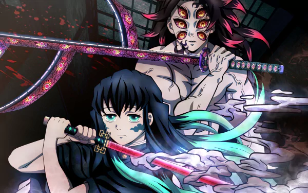 4K Ultra HD PC desktop wallpaper featuring Kokushibo and Muichiro Tokito from the anime Demon Slayer: Kimetsu no Yaiba in a dynamic battle pose.