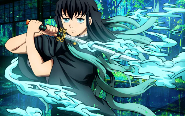 Muichiro Tokito from Demon Slayer: Kimetsu no Yaiba wields a sword with flowing water effects in a vivid 4K Ultra HD anime desktop wallpaper.