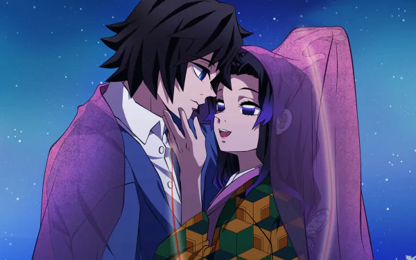 HD anime wallpaper featuring Giyuu Tomioka and Shinobu Kochou from Demon Slayer: Kimetsu no Yaiba in an intimate, starry night scene.