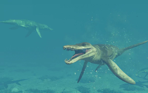 Underwater scene from the video game Jurassic World Evolution 2 featuring two swimming prehistoric marine reptiles in a high-definition PC desktop wallpaper.