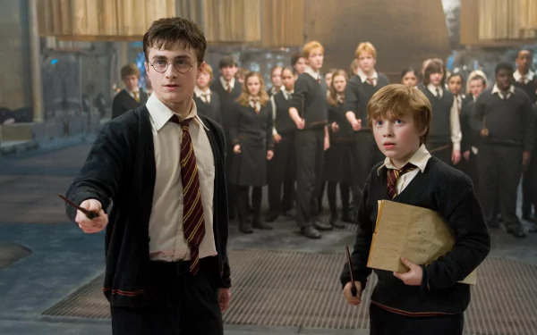 HD PC desktop wallpaper from Harry Potter and the Order of the Phoenix: Harry Potter in glasses points a wand while classmates in Hogwarts robes stand behind him.
