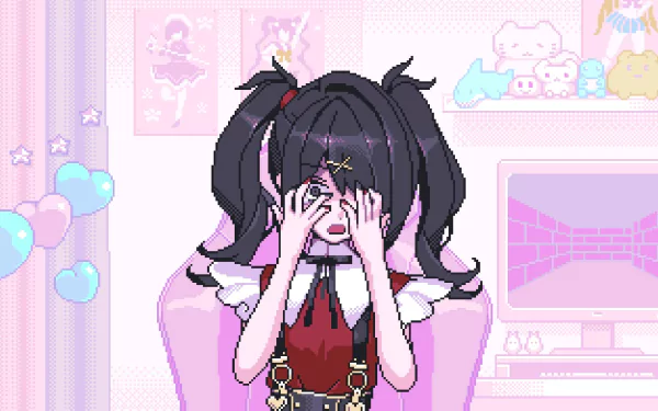 HD PC desktop wallpaper featuring Ame-chan from the video game NEEDY GIRL OVERDOSE in a colorful, pixel-art style room with pastel decorations.