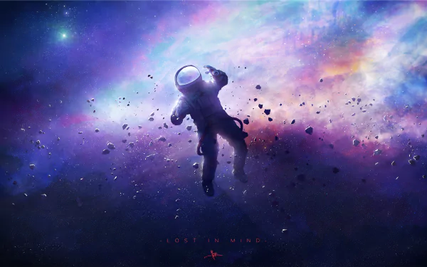 HD desktop wallpaper of an astronaut drifting in a vibrant cosmic setting with stars and nebulae, titled Lost in Mind.