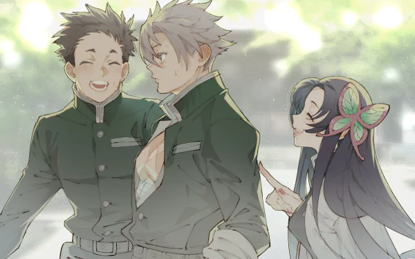 HD anime desktop wallpaper featuring Sanemi Shinazugawa and Kanae Kocho from Demon Slayer: Kimetsu no Yaiba in a serene, sunlit outdoor setting.