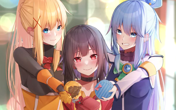 HD PC wallpaper of KonoSuba — God’s blessing on this wonderful world!! featuring Lalatina Dustiness Ford (Darkness), Aqua, and Megumin smiling together and holding colorful ornaments.