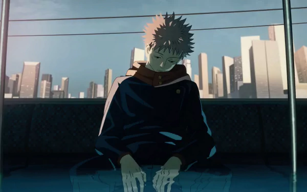 HD desktop wallpaper featuring Yuji Itadori from the anime Jujutsu Kaisen, sitting pensively on a bus with a cityscape in the background.