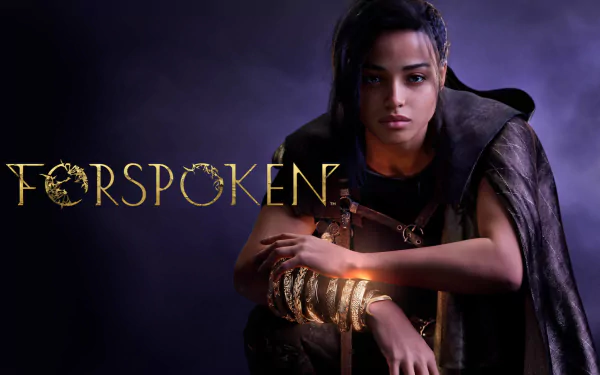 HD PC desktop wallpaper/background from the video game Forspoken: the protagonist seated against a smoky purple backdrop, cloaked with glowing bracelets, Forspoken logo at left.