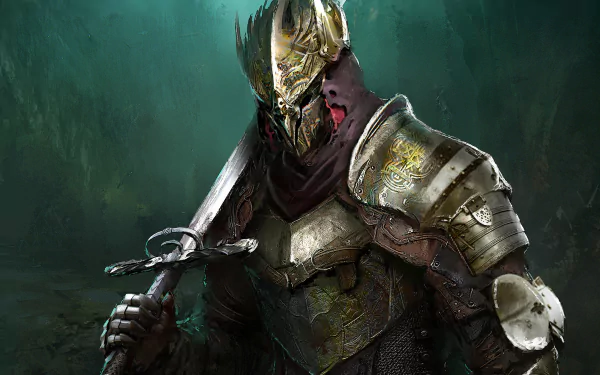 HD PC desktop wallpaper featuring an armored warrior from the video game Elden Ring, holding a large sword against a dark, atmospheric background.