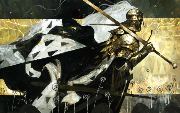 HD Elden Ring PC desktop wallpaper featuring a golden armored knight wielding a spear, set against a dynamic, abstract background with contrasting light and dark elements.