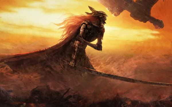 Malenia Blade of Miquella from Elden Ring stands poised with her long sword amid a fiery, dramatic landscape in this 4K Ultra HD video game desktop wallpaper.