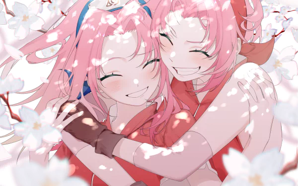 HD anime desktop wallpaper featuring Sakura Haruno from Naruto, smiling warmly amidst falling cherry blossoms in a vibrant and detailed background.