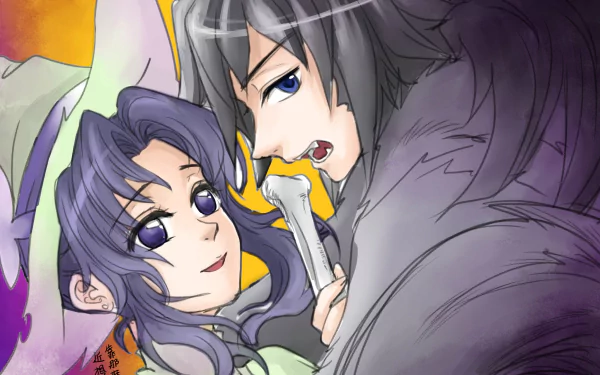 HD PC desktop wallpaper of GiyuShino (Giyuu Tomioka and Shinobu Kochou) from Demon Slayer: Kimetsu no Yaiba — anime-style close-up with a playful, intimate pose and vivid colors.