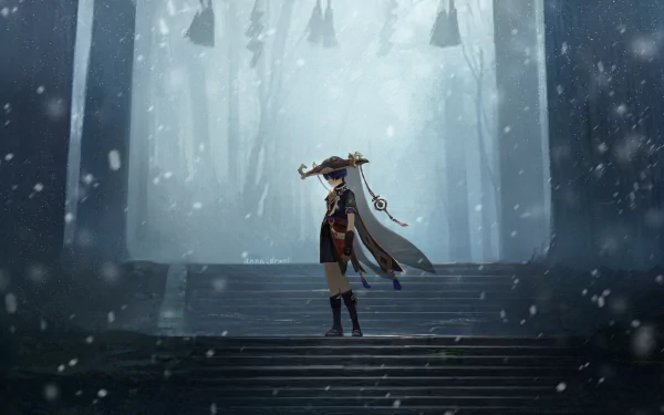 HD desktop wallpaper featuring Scaramouche from the video game Genshin Impact, standing on steps in a misty, snow-dusted forest.