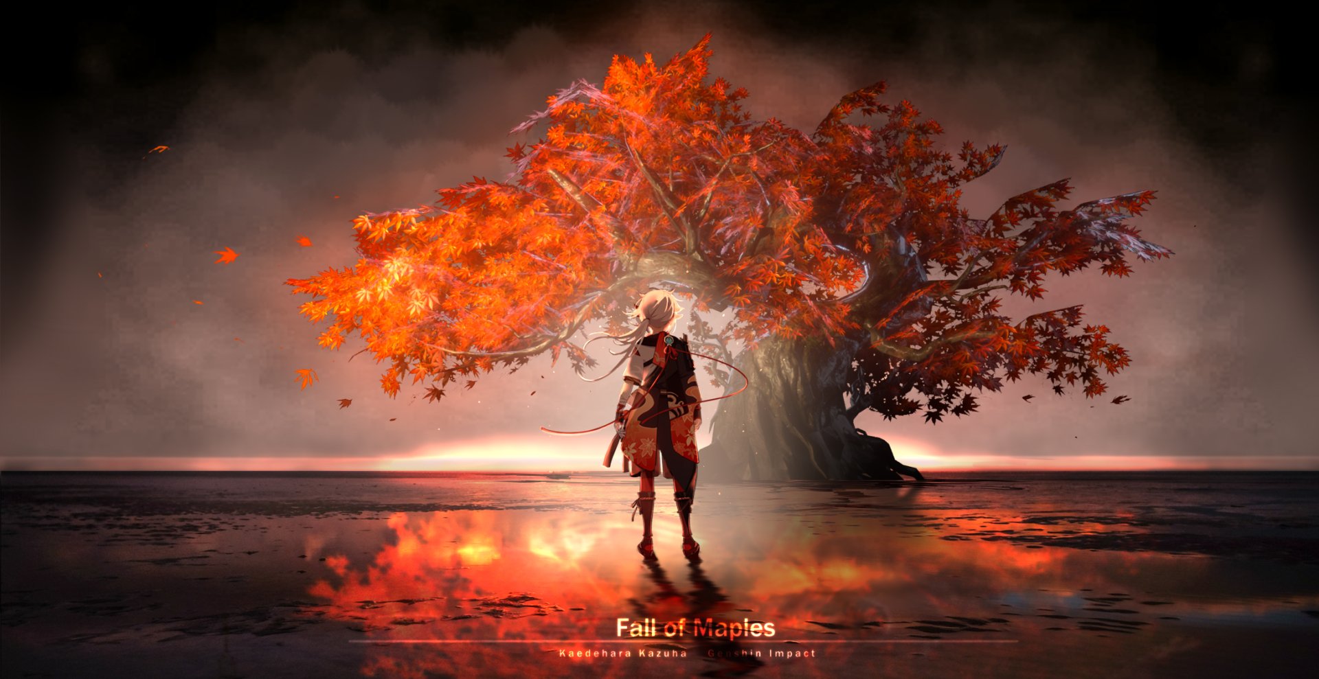 HD desktop wallpaper featuring Kaedehara Kazuha from the video game Genshin Impact, standing before a glowing, autumnal tree with vibrant orange leaves against a dramatic background.