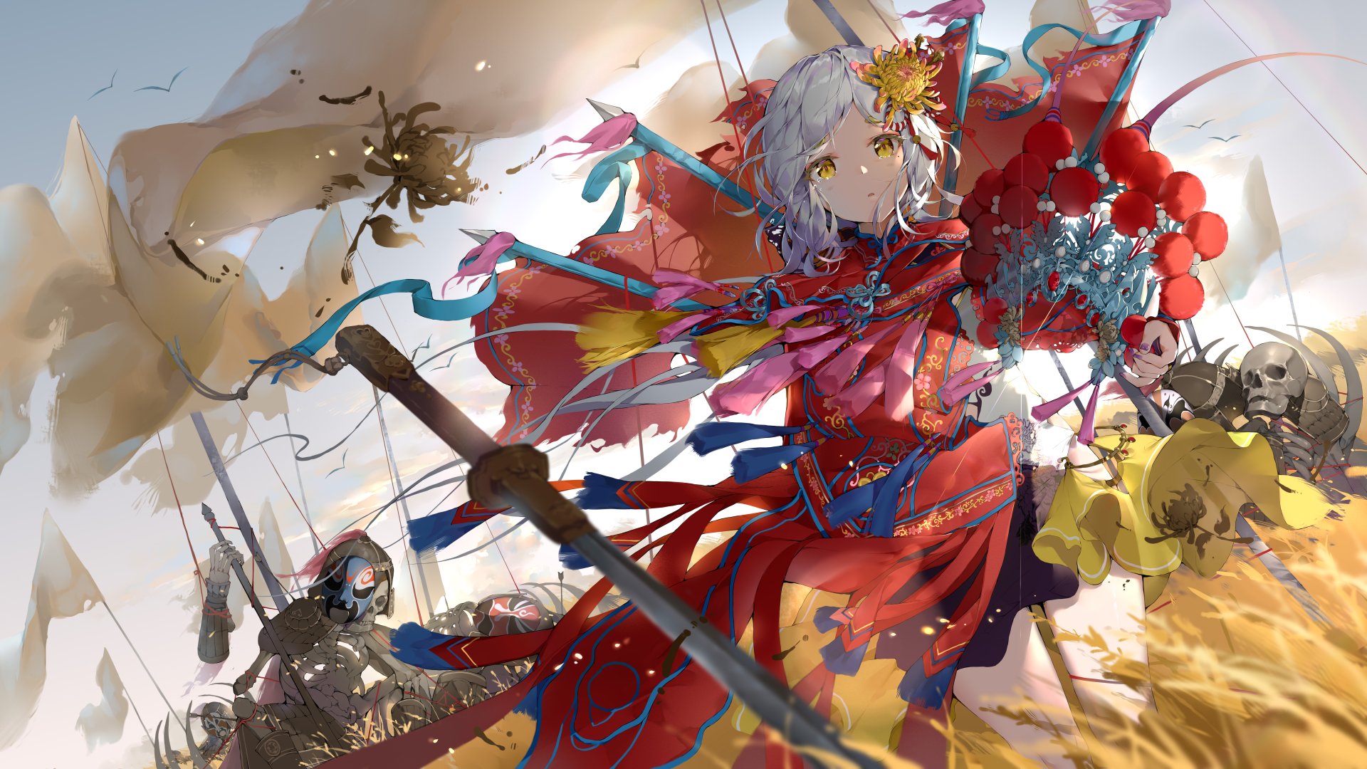 8K Ultra HD PC desktop wallpaper: an anime girl woman warrior in ornate red armor and ribbons, wielding a spear amid swirling battle and dramatic painterly strokes.