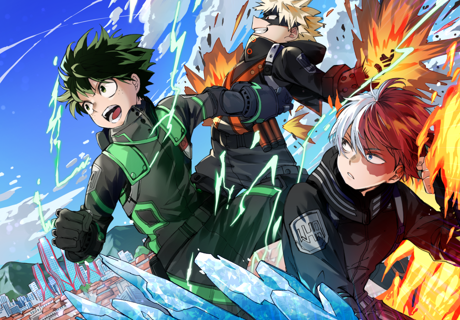HD PC desktop wallpaper featuring Katsuki Bakugou, Shoto Todoroki, and Izuku Midoriya from the anime My Hero Academia in dynamic action poses.