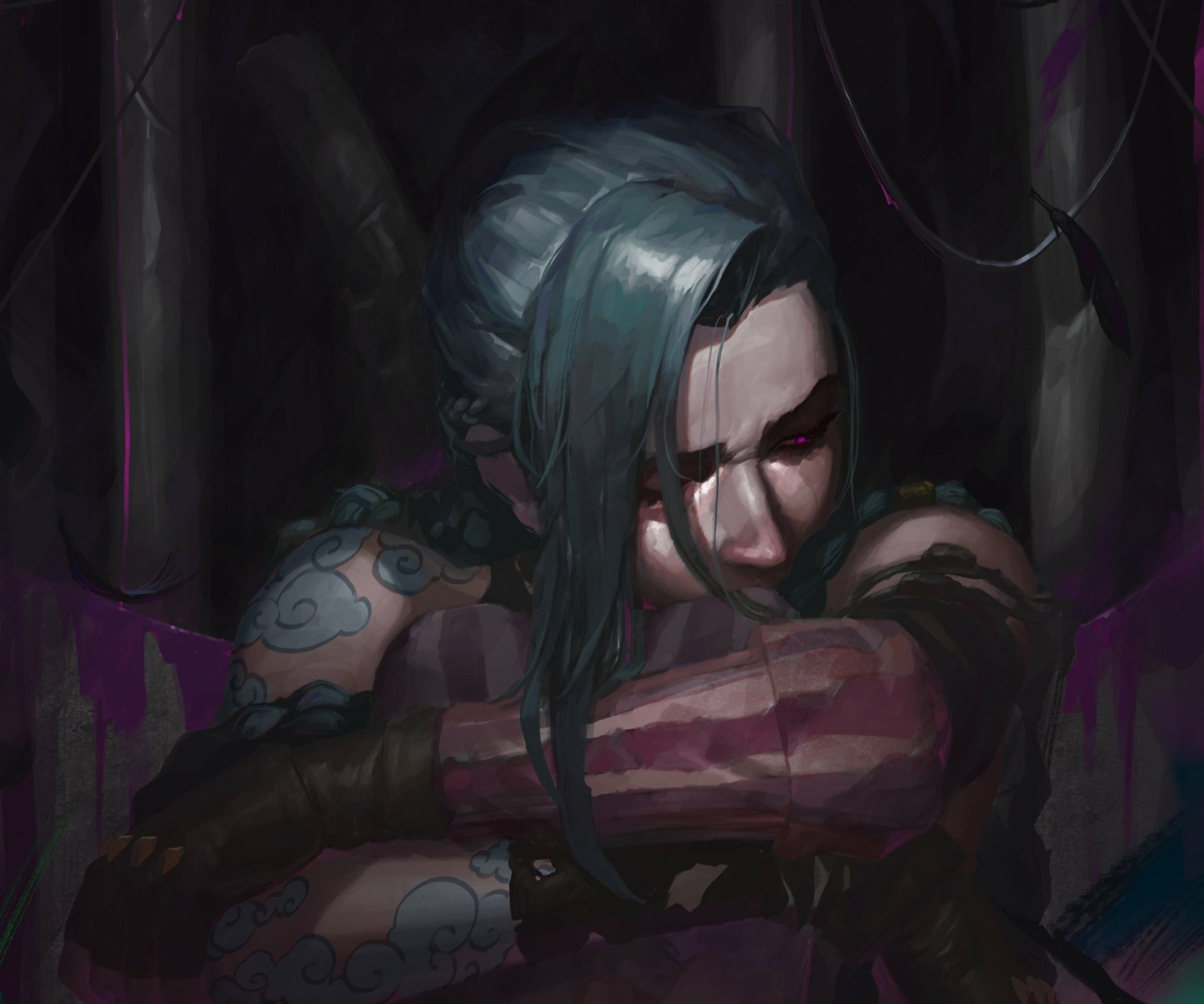 HD desktop wallpaper featuring Jinx from the TV show Arcane, showcasing her intense expression and signature teal hair in a dark, moody setting.