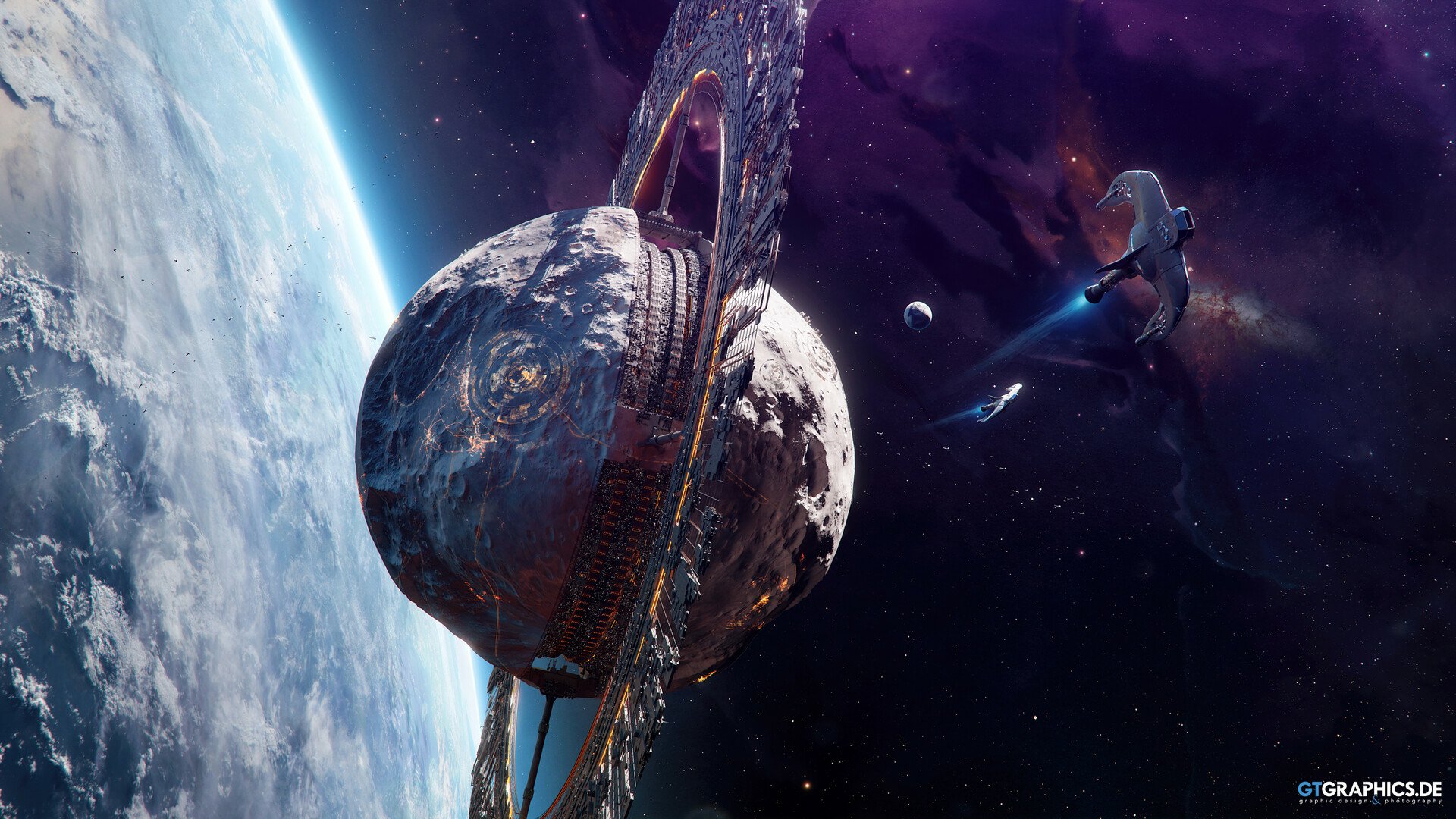 Sci-fi HD PC desktop wallpaper of a colossal ringed space structure orbiting a cracked planet, a lone spacecraft passing nearby against a purple nebula and starfield backdrop.