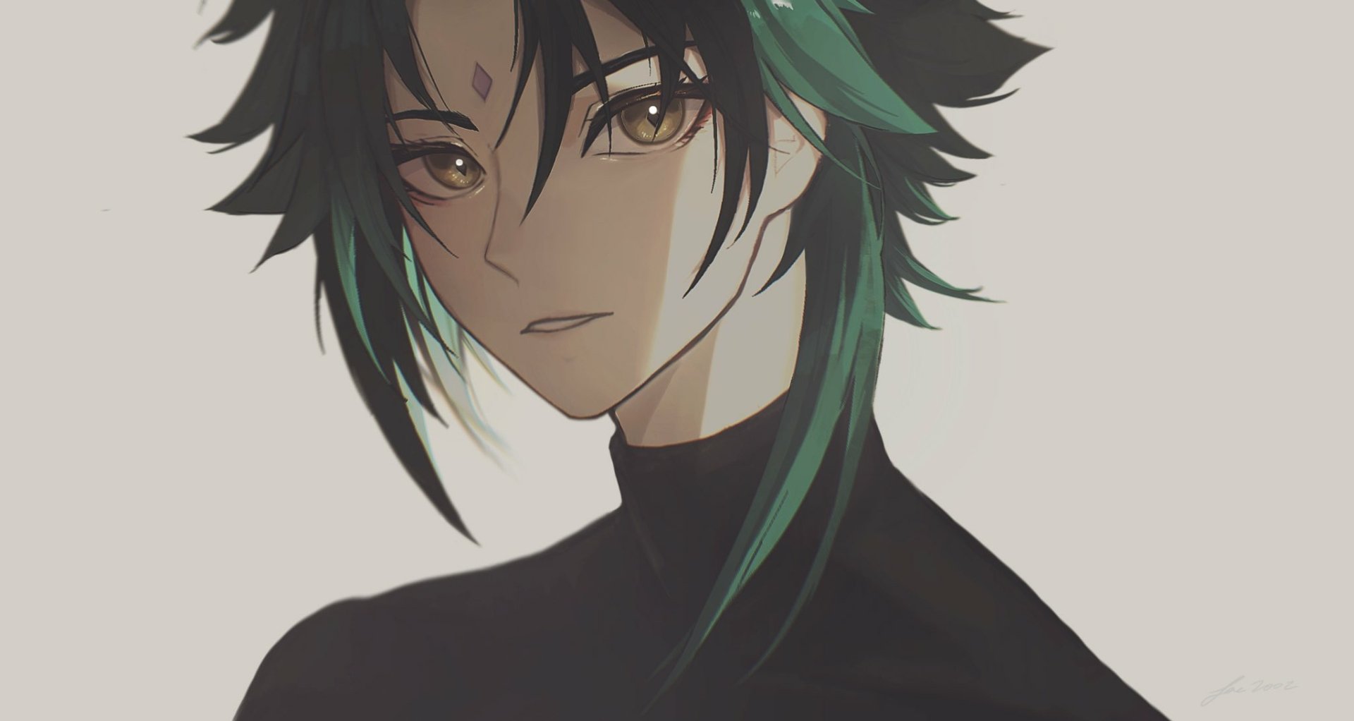 Xiao (Genshin Impact) from the video game — stylized HD PC desktop wallpaper depicting him with green-black hair and intense amber eyes against a neutral backdrop.