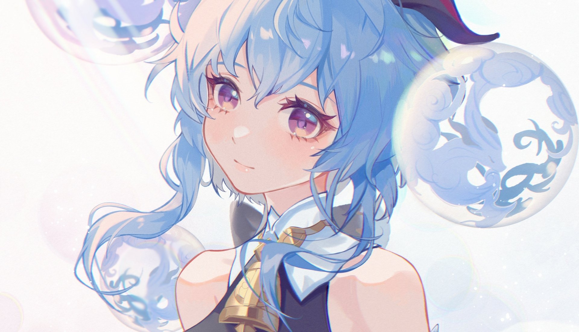 HD PC desktop wallpaper featuring Ganyu from the video game Genshin Impact, showcasing her serene expression and icy blue-themed design.