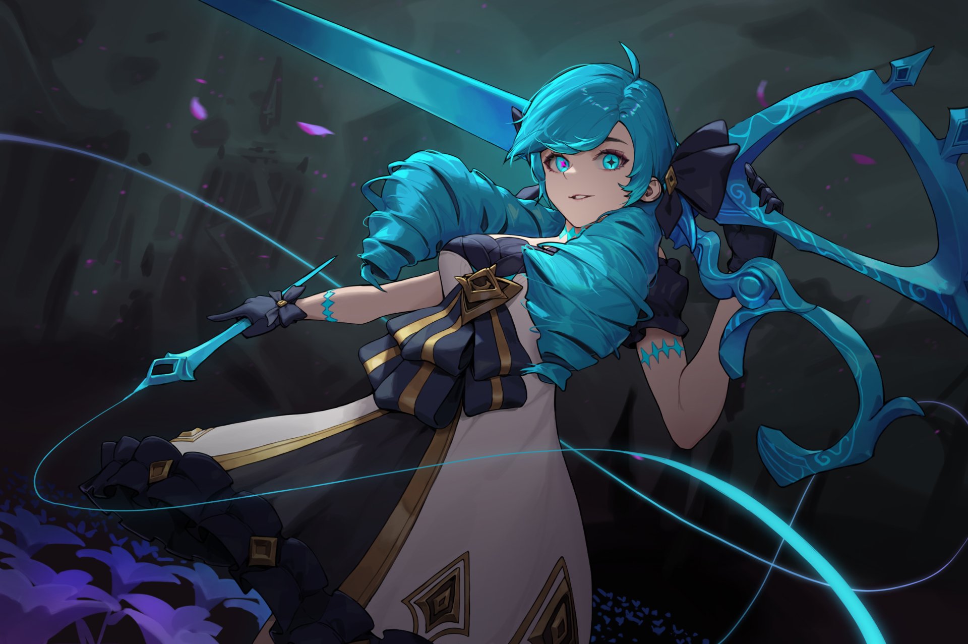 Gwen (League of Legends) wielding glowing blue scissors and threads in a shadowy forest — dynamic video game artwork, 2K Quad HD PC desktop wallpaper/background.