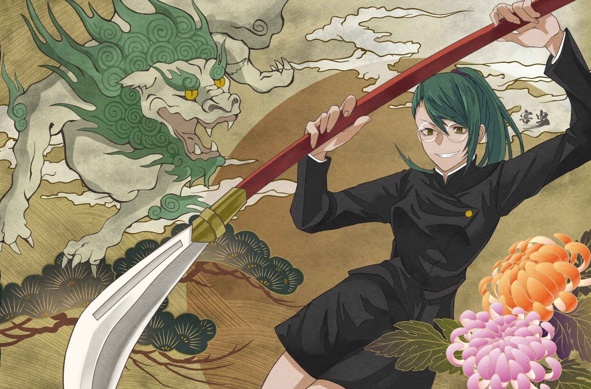 HD PC desktop wallpaper featuring Maki Zenin from Jujutsu Kaisen wielding a polearm against a traditional dragon backdrop with floral accents.