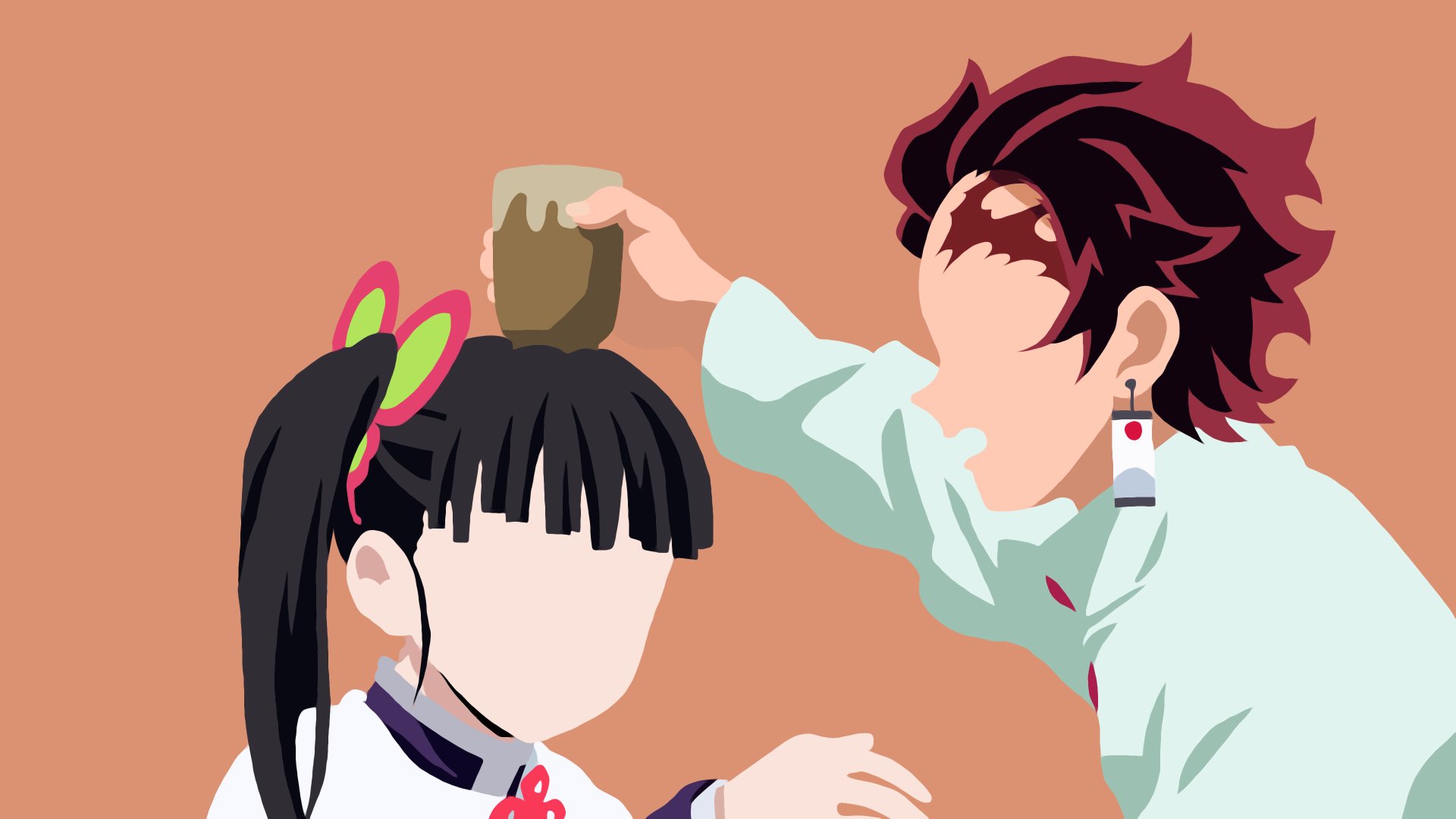 Minimalist anime 4K Ultra HD desktop wallpaper of Tanjiro Kamado gently pouring water over Kanao Tsuyuri — Demon Slayer: Kimetsu no Yaiba minimalist background.