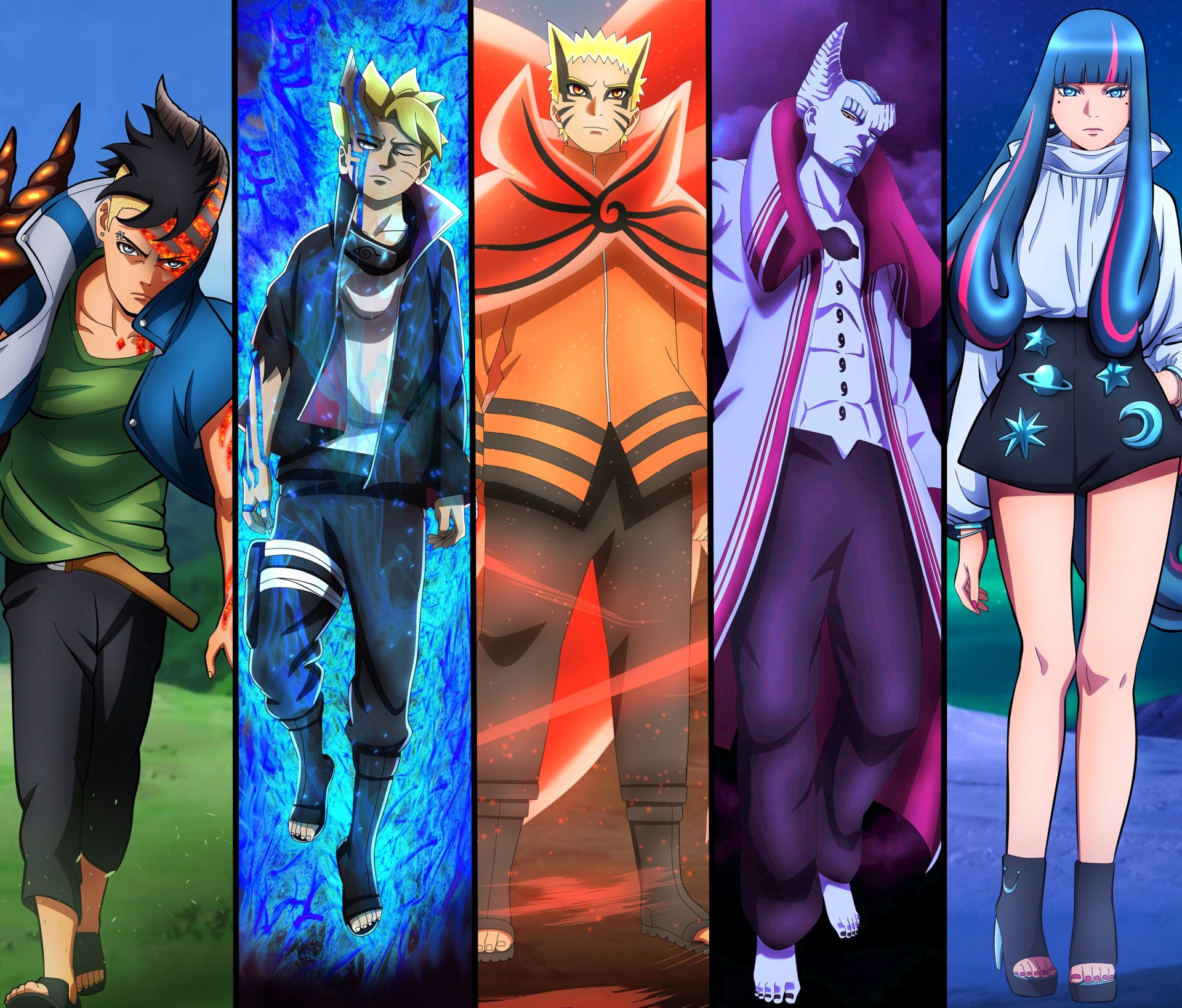 HD PC desktop wallpaper featuring Isshiki Otsutsuki, Kawaki, Borushiki, Boruto Uzumaki, and Naruto Uzumaki in Baryon Mode from the Boruto anime series.