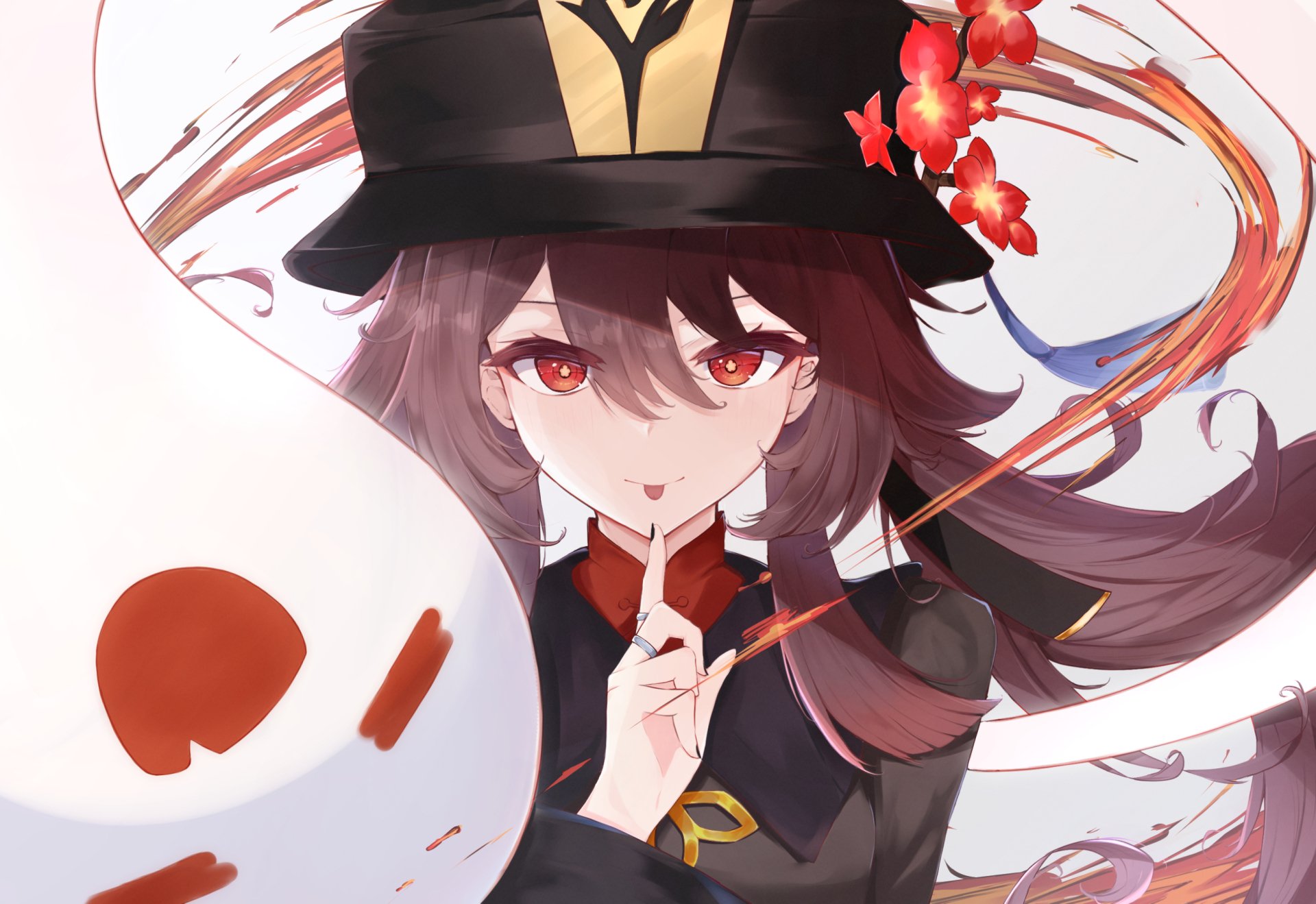 Hu Tao from the video game Genshin Impact depicted in a 2K Quad HD PC desktop wallpaper: playful pose with a ghost mask, red eyes, dark hat and swirling ribbons.