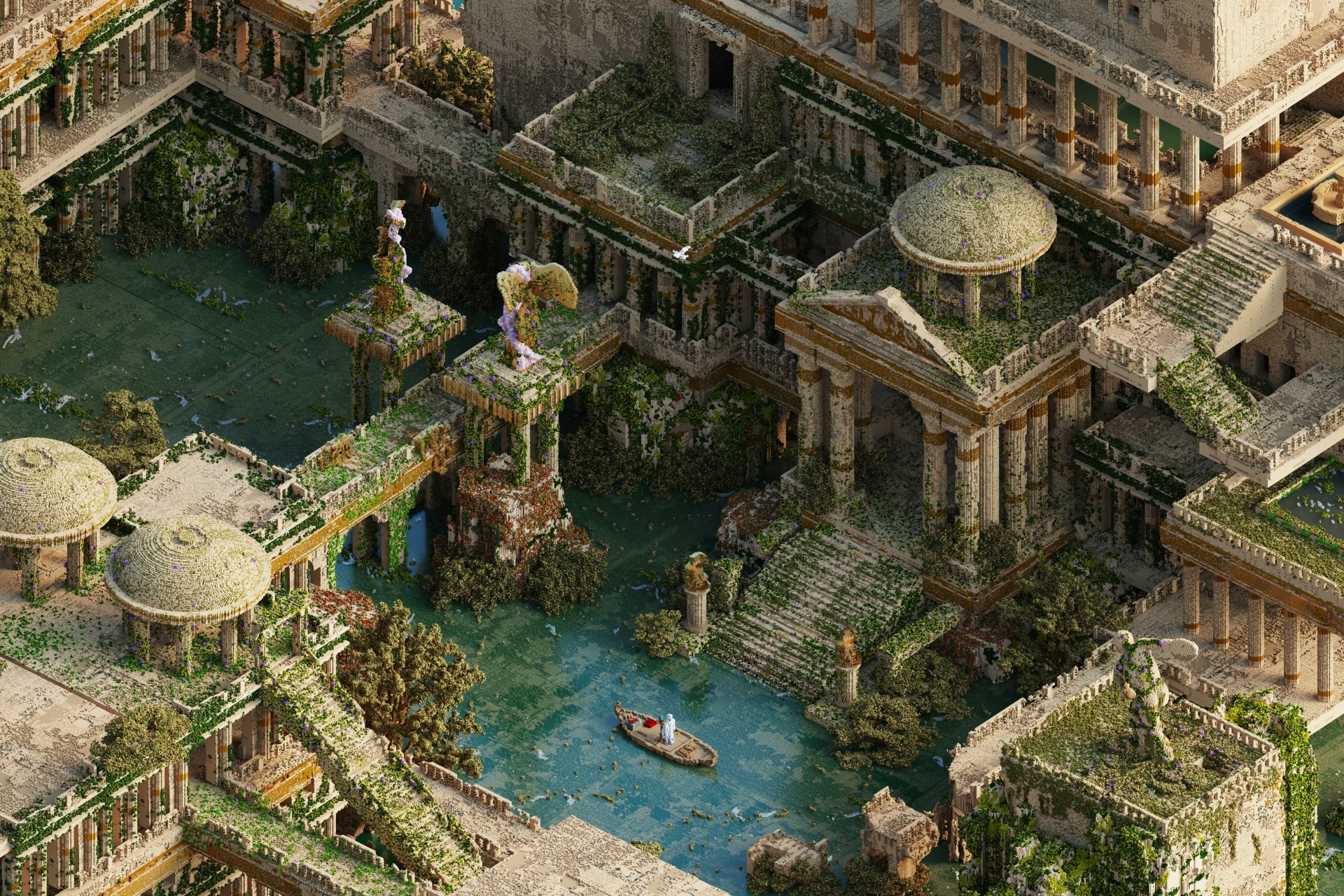 4K Ultra HD fantasy cityscape featuring ancient ruins with overgrown vegetation and waterways, captured in rich detail for a striking PC desktop wallpaper.