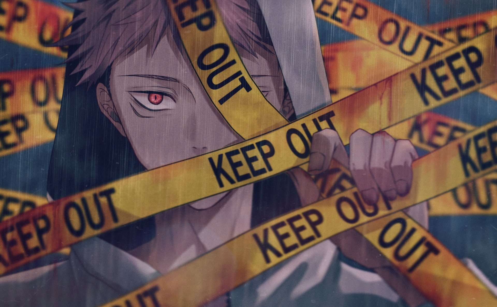Yuji Itadori from Jujutsu Kaisen stands amidst KEEP OUT tape, exuding intensity. This HD desktop wallpaper captures the essence of the anime's thrilling atmosphere.