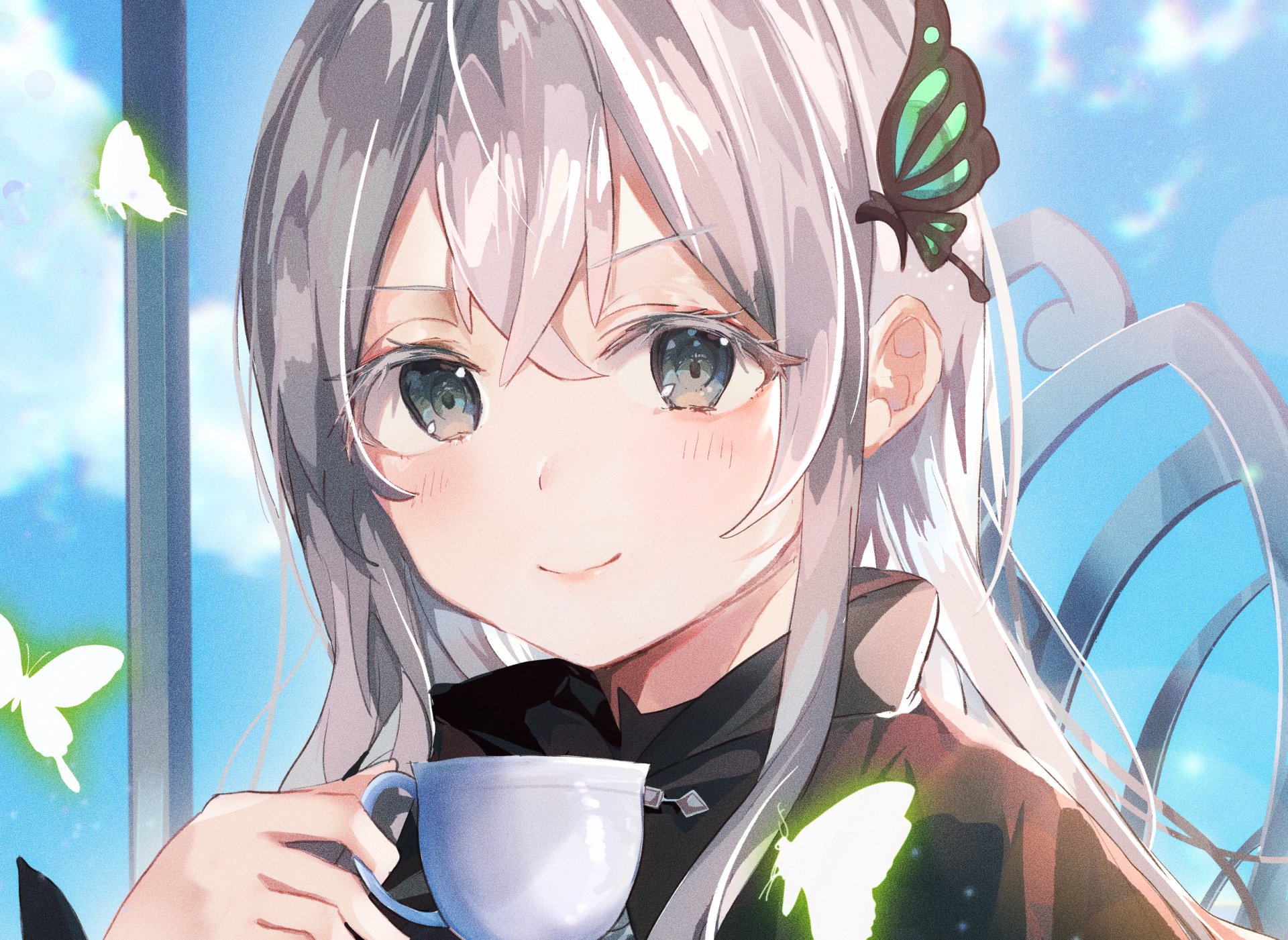 HD PC wallpaper of Echidna from Re:Zero - Starting Life in Another World, featuring the anime character with silver hair, holding a cup amid glowing butterflies.