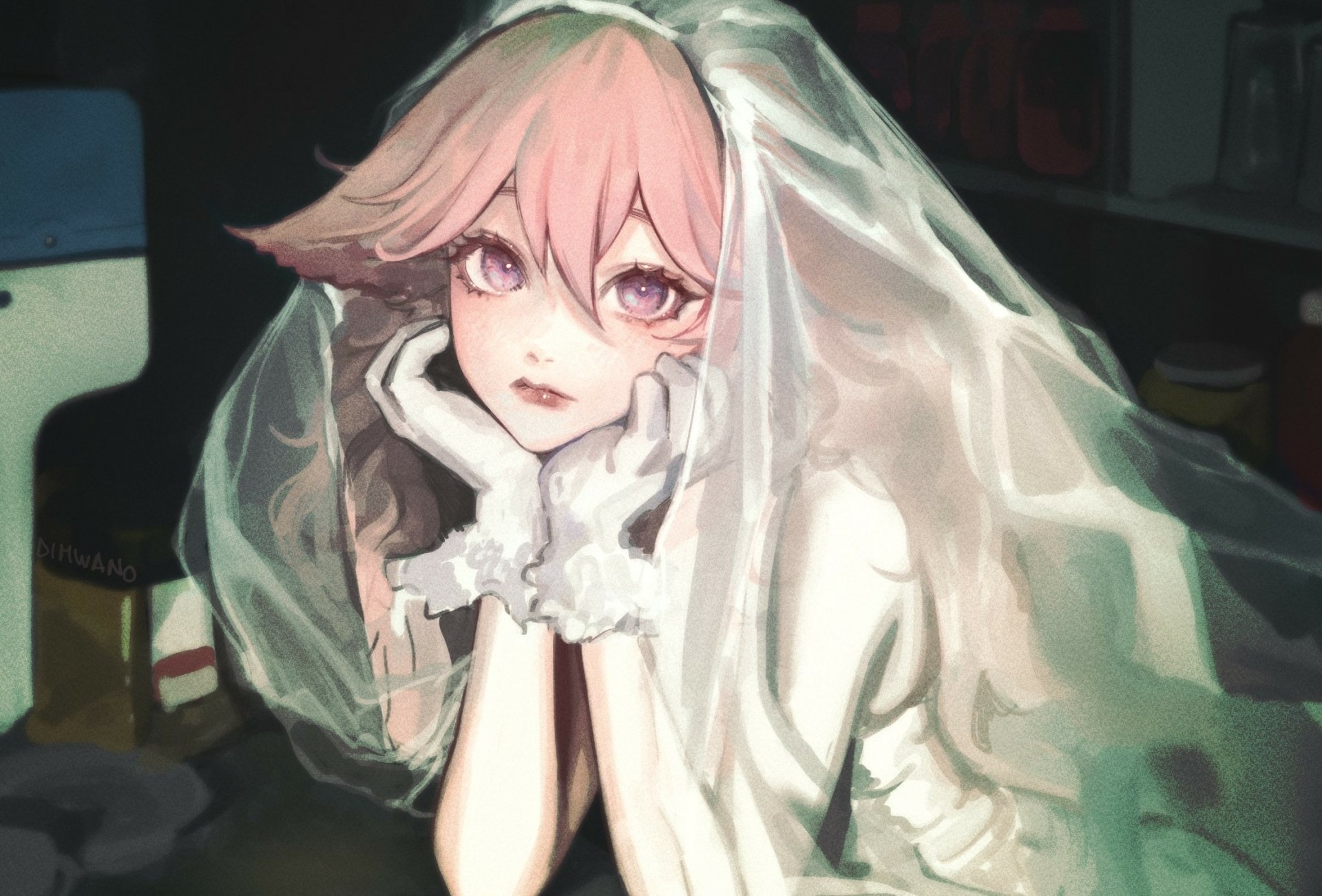 HD PC desktop wallpaper featuring Yae Miko Guuji from the video game Genshin Impact, showcasing her with a delicate veil and soft, captivating expression.