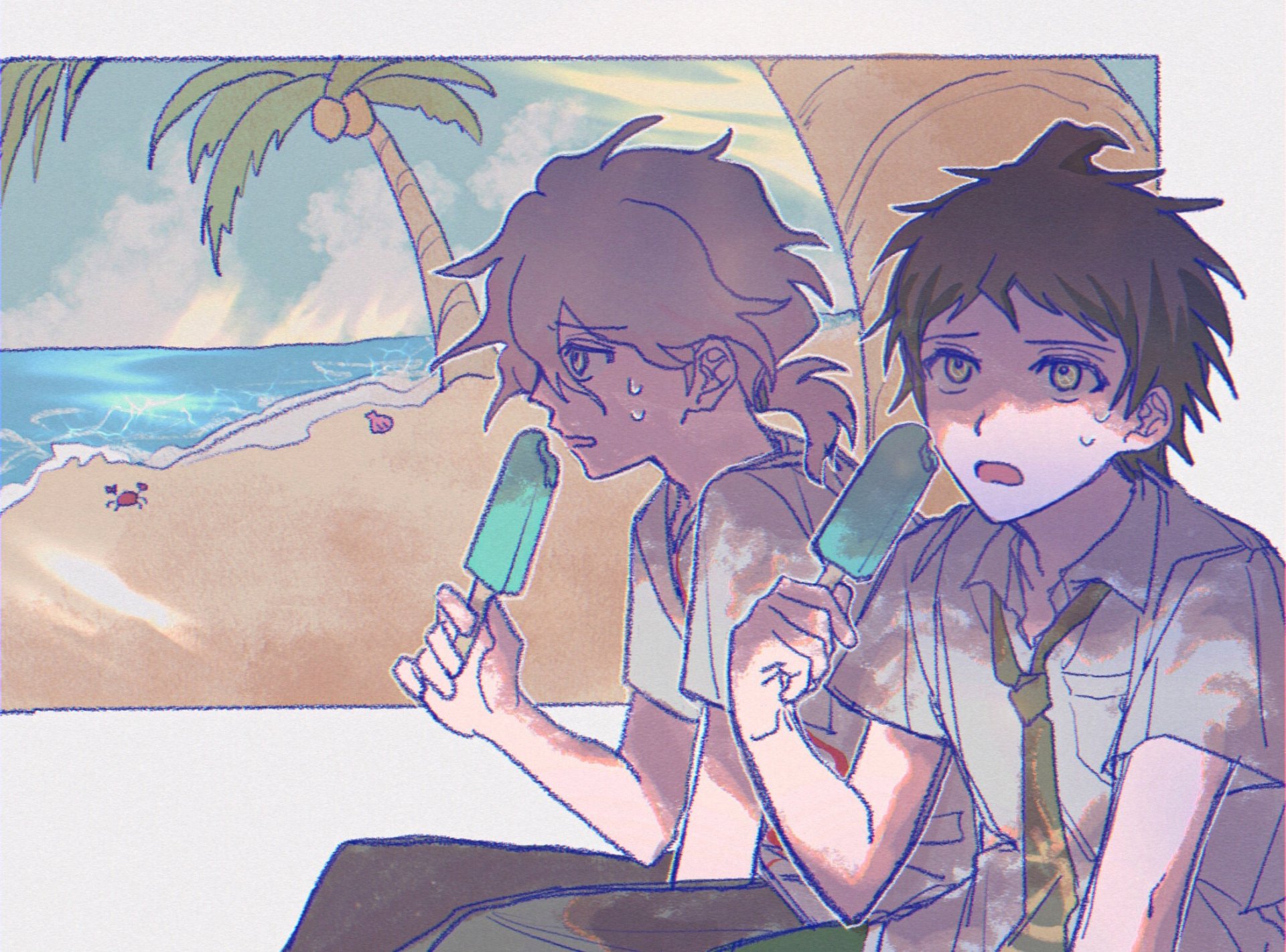 HD PC wallpaper featuring Nagito Komaeda and Hajime Hinata from the video game Danganronpa 2: Goodbye Despair, enjoying popsicles on a sunny beach.