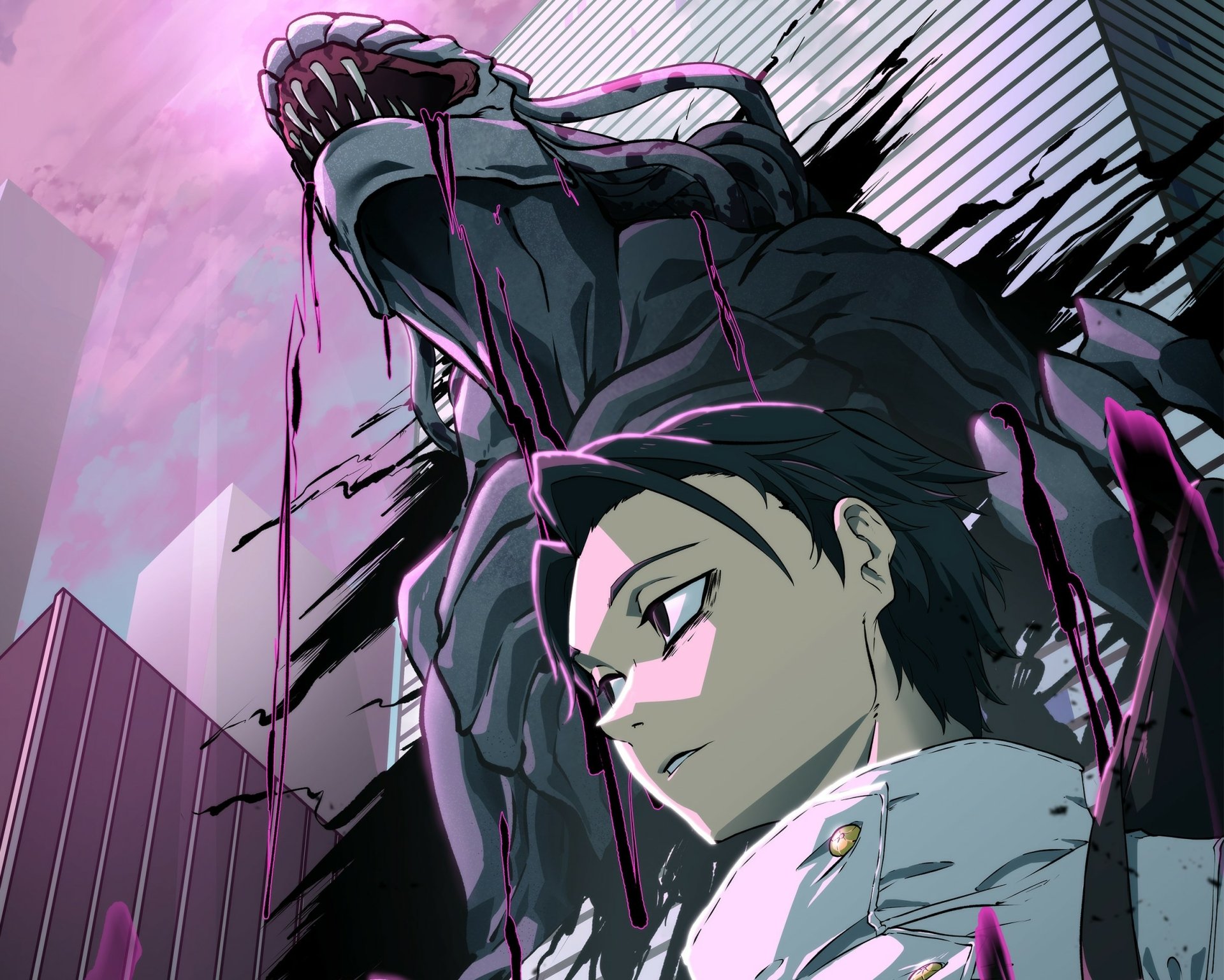 HD PC desktop wallpaper of Yuta Okkotsu from Jujutsu Kaisen 0: stoic portrait with a dark cursed figure looming behind, purple energy streaks and a city skyline background.