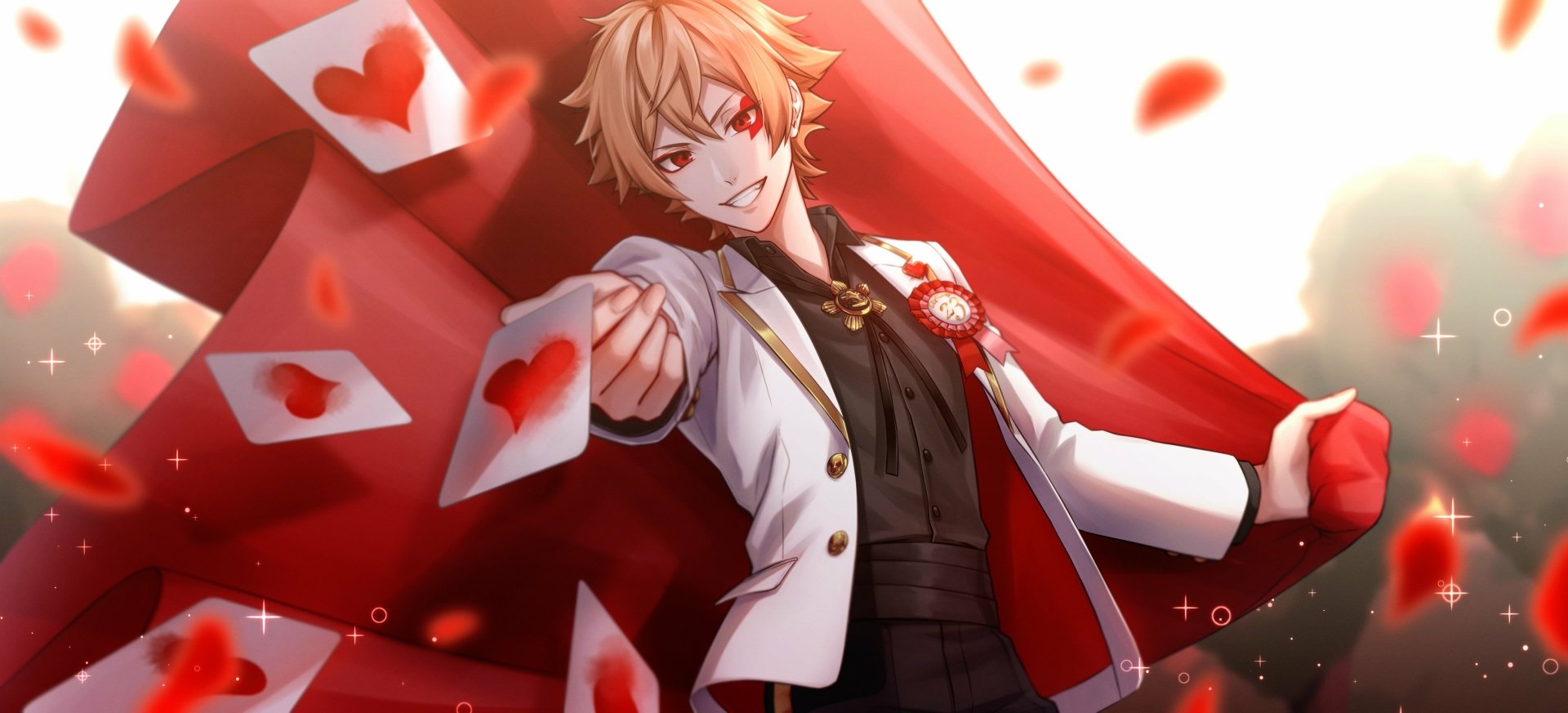 HD PC desktop wallpaper featuring Ace Trappola from the video game Twisted Wonderland, confidently smirking with playing cards and a red cape in the background.