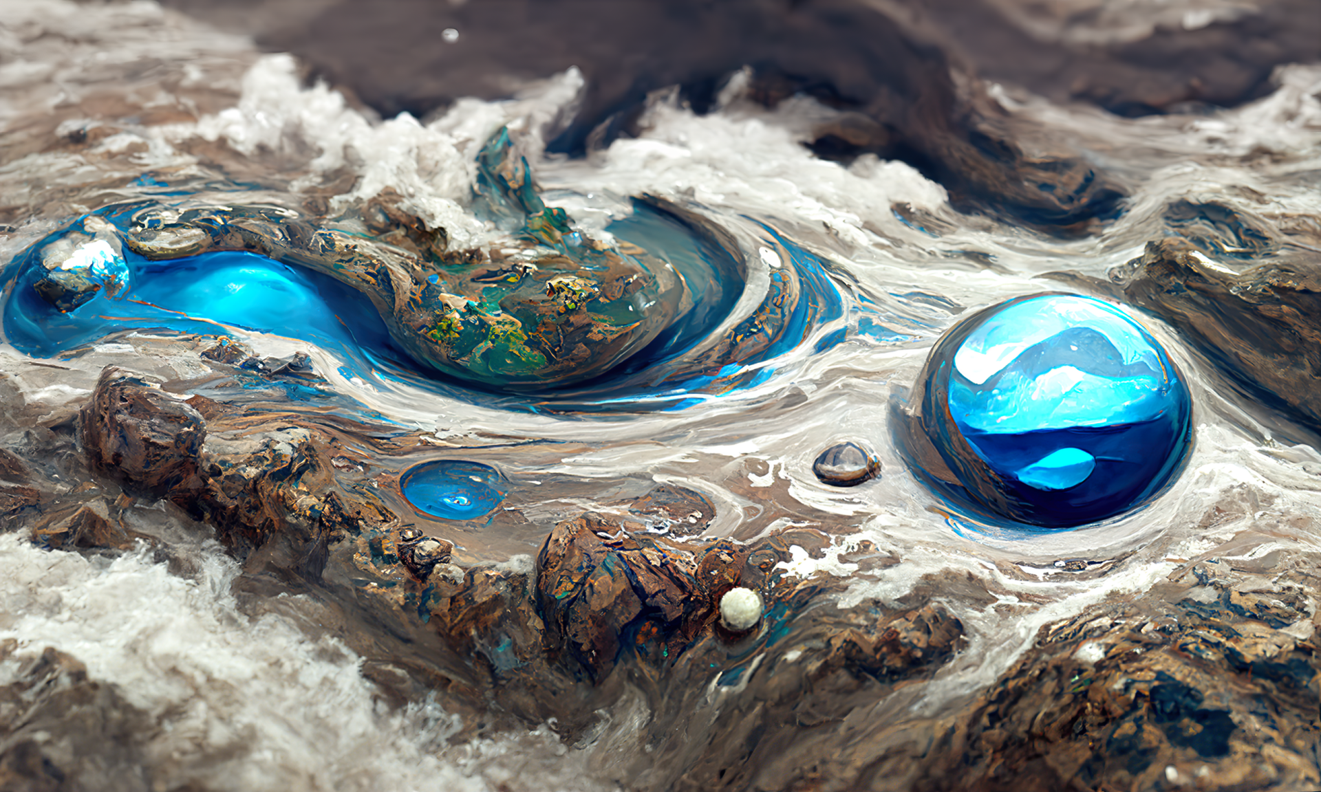 HD desktop wallpaper featuring an artistic landscape with vibrant blue marbles swirling in a dynamic, textured brown environment.