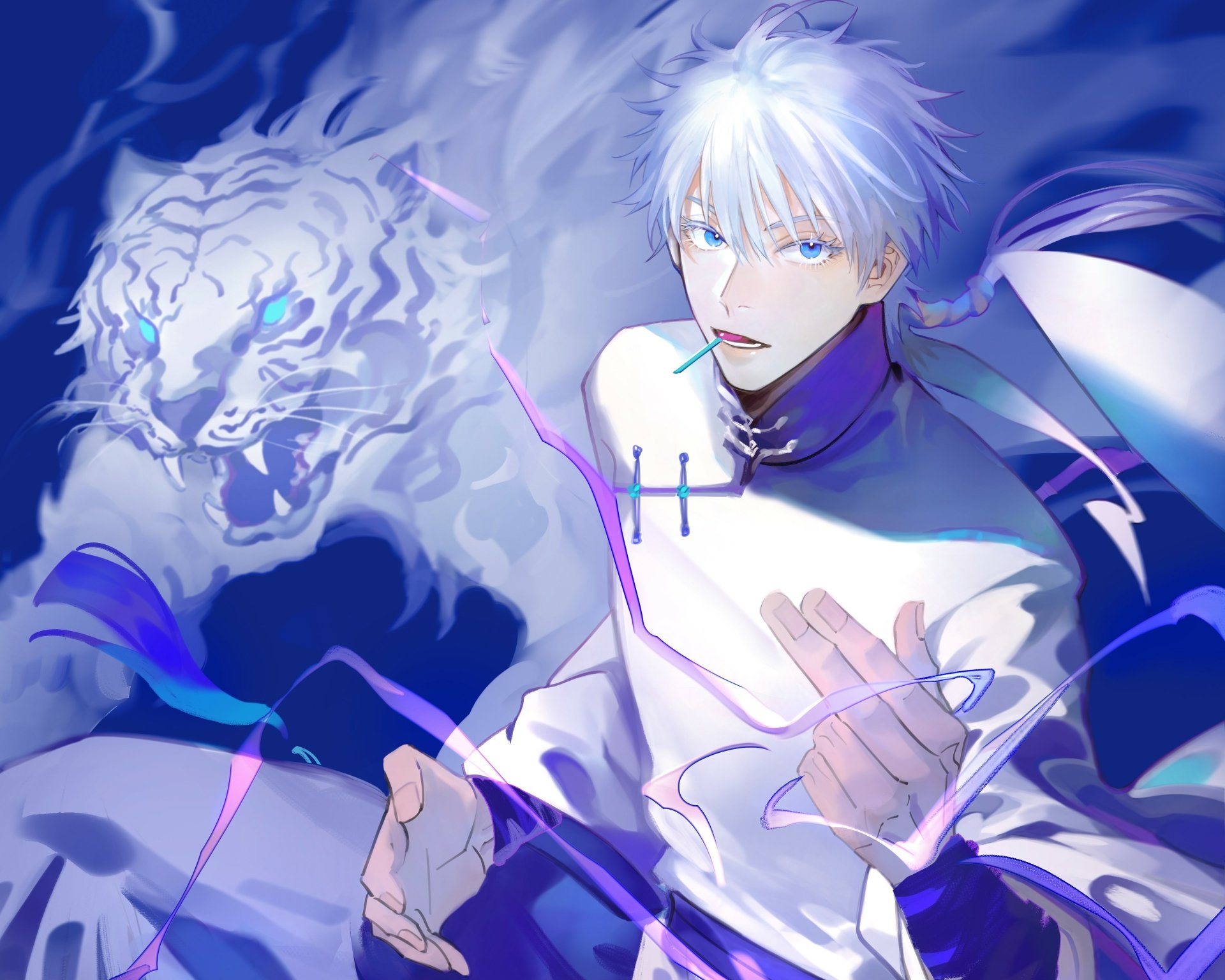 Satoru Gojo from Jujutsu Kaisen striking a dynamic pose with a glowing tiger aura, rendered in vibrant colors for a 4K Ultra HD anime desktop wallpaper.