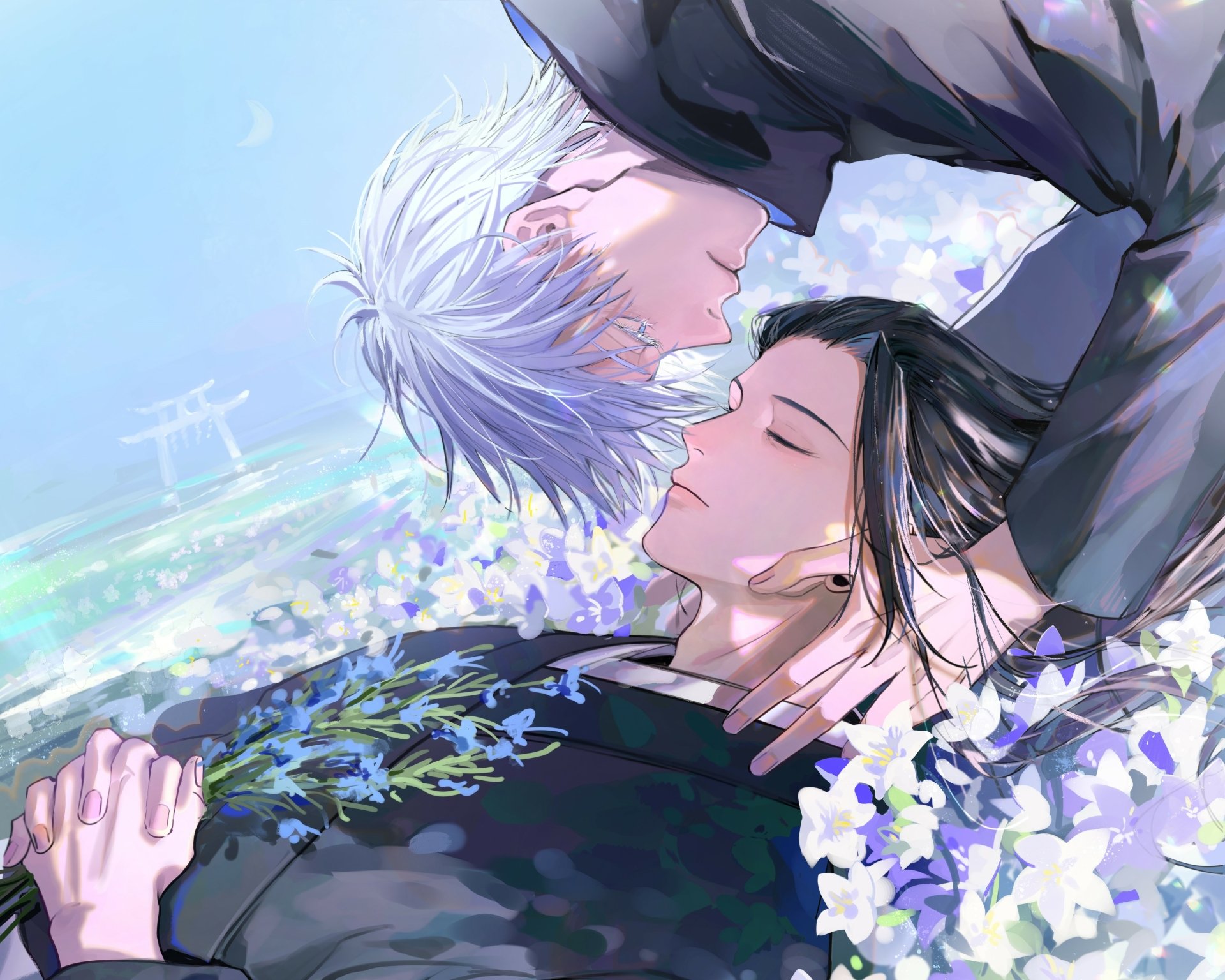 4K Ultra HD wallpaper featuring anime characters Suguru Geto and Satoru Gojo from Jujutsu Kaisen in a serene, close moment surrounded by flowers.